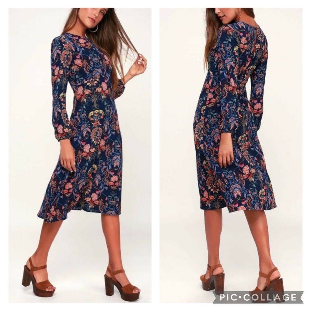 I. Madeline Garden Splendor Navy Blue Floral Print Long Sleeve Midi Dress Sz S